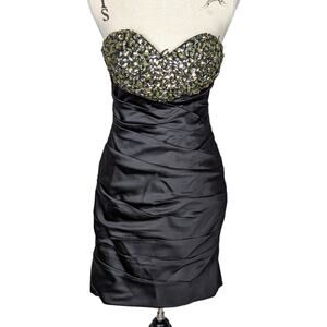 La Femme Strapless Beaded Bodycon Satin Mini Dress Black Size 8